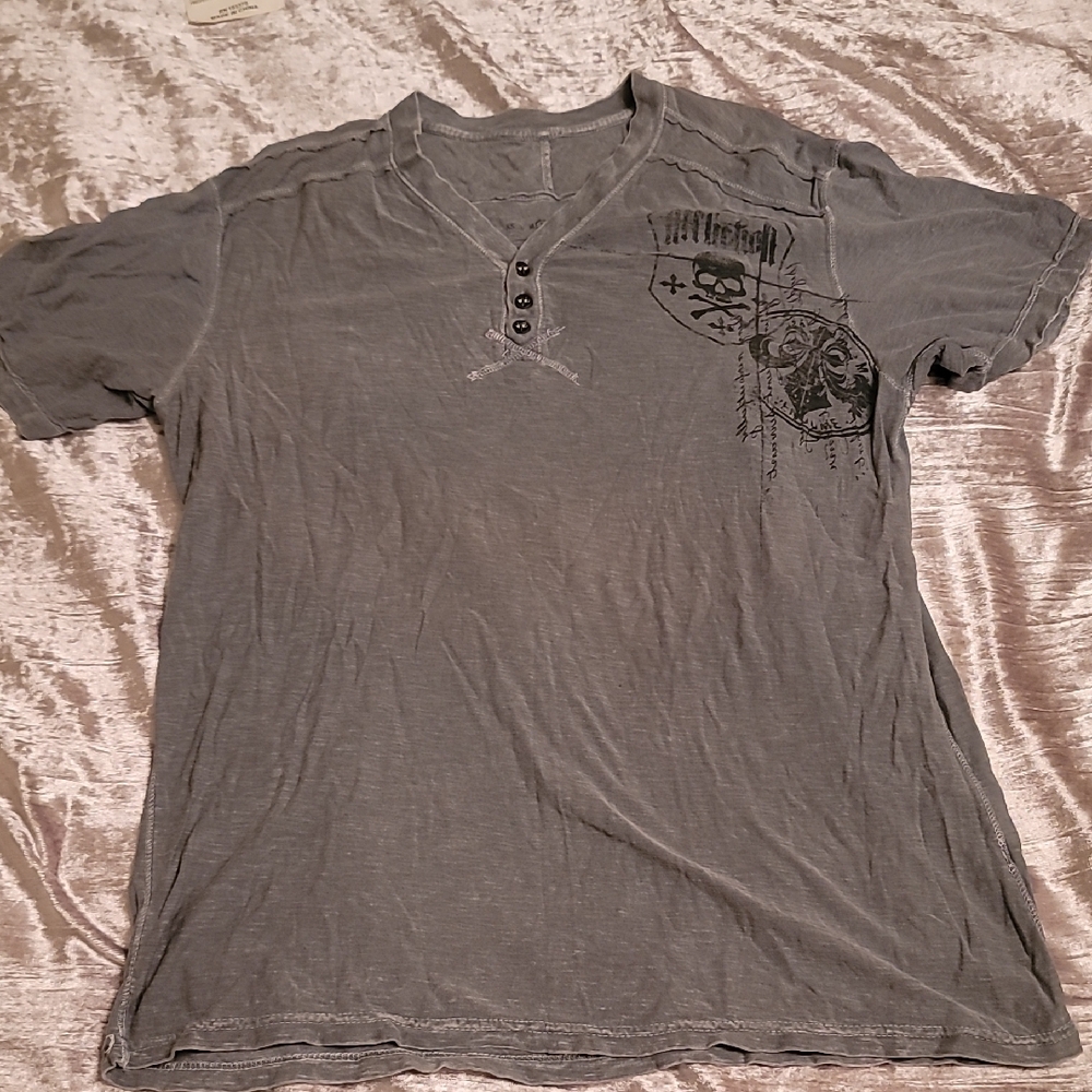 Men's Affliction Henley Large Gray And Black 3 Button Short Sleeve Shirt - Picture 2 of 9